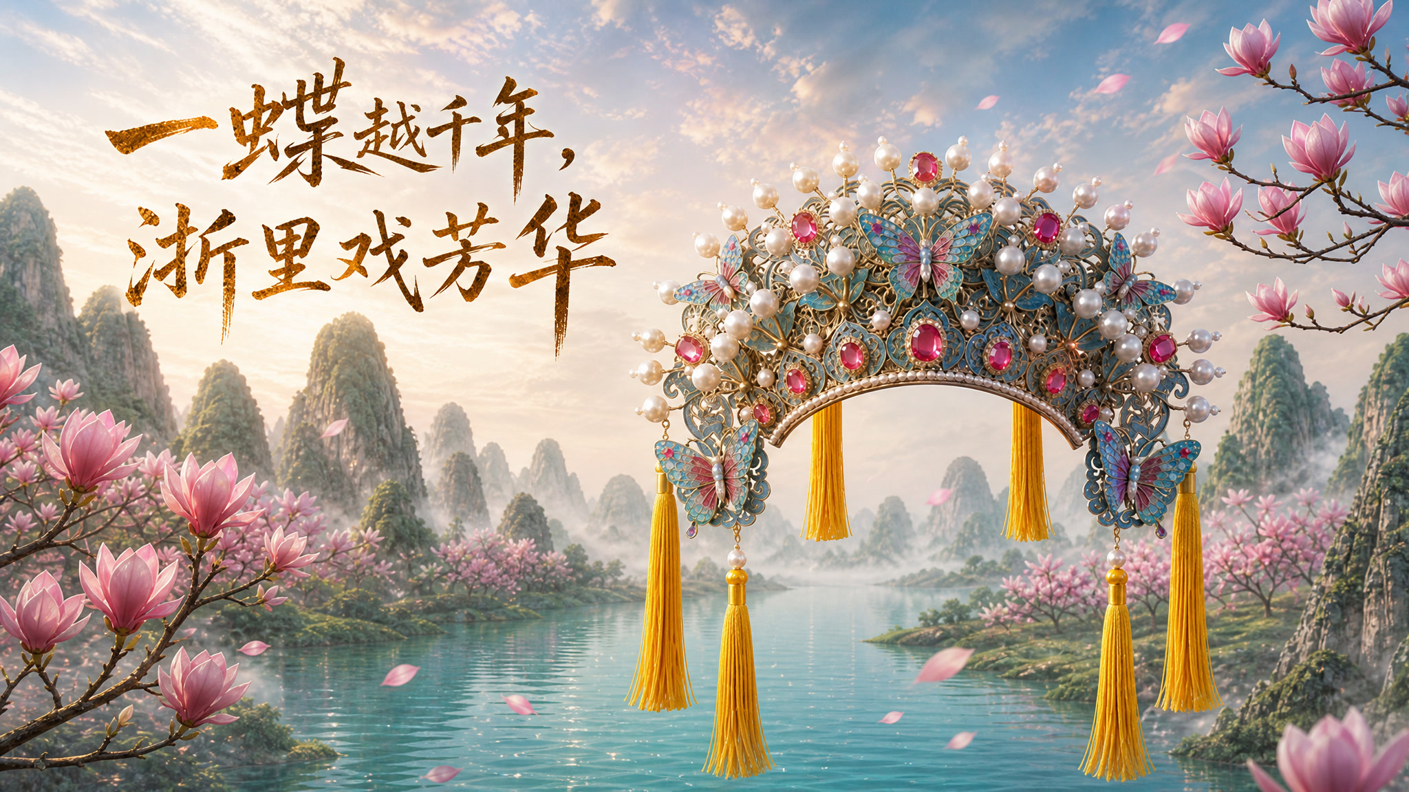 蝶恋花戏曲头饰漂浮在江南山水与玉兰花海之间的海报