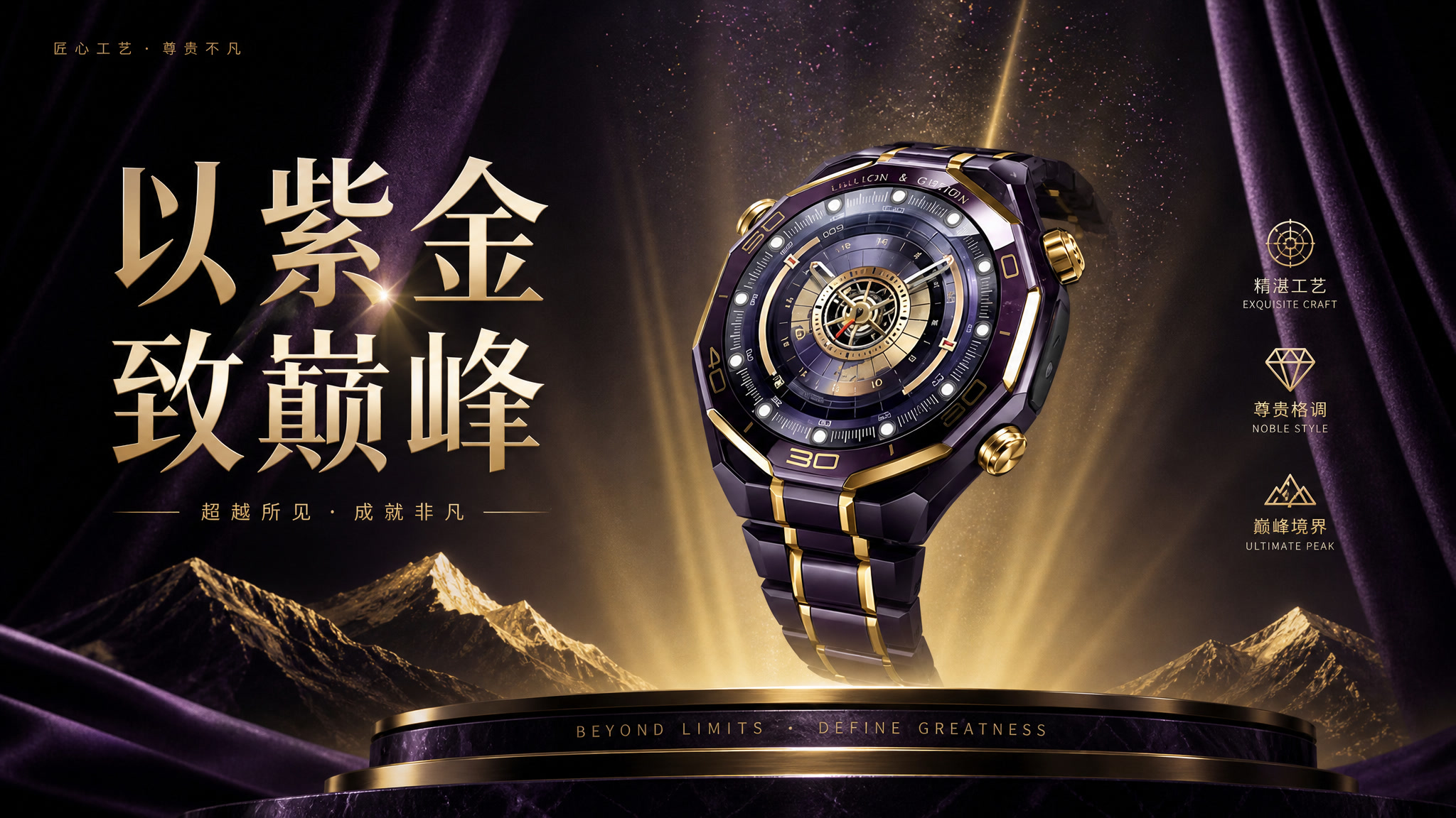 紫金光环中正面呈现的华为非凡大师腕表