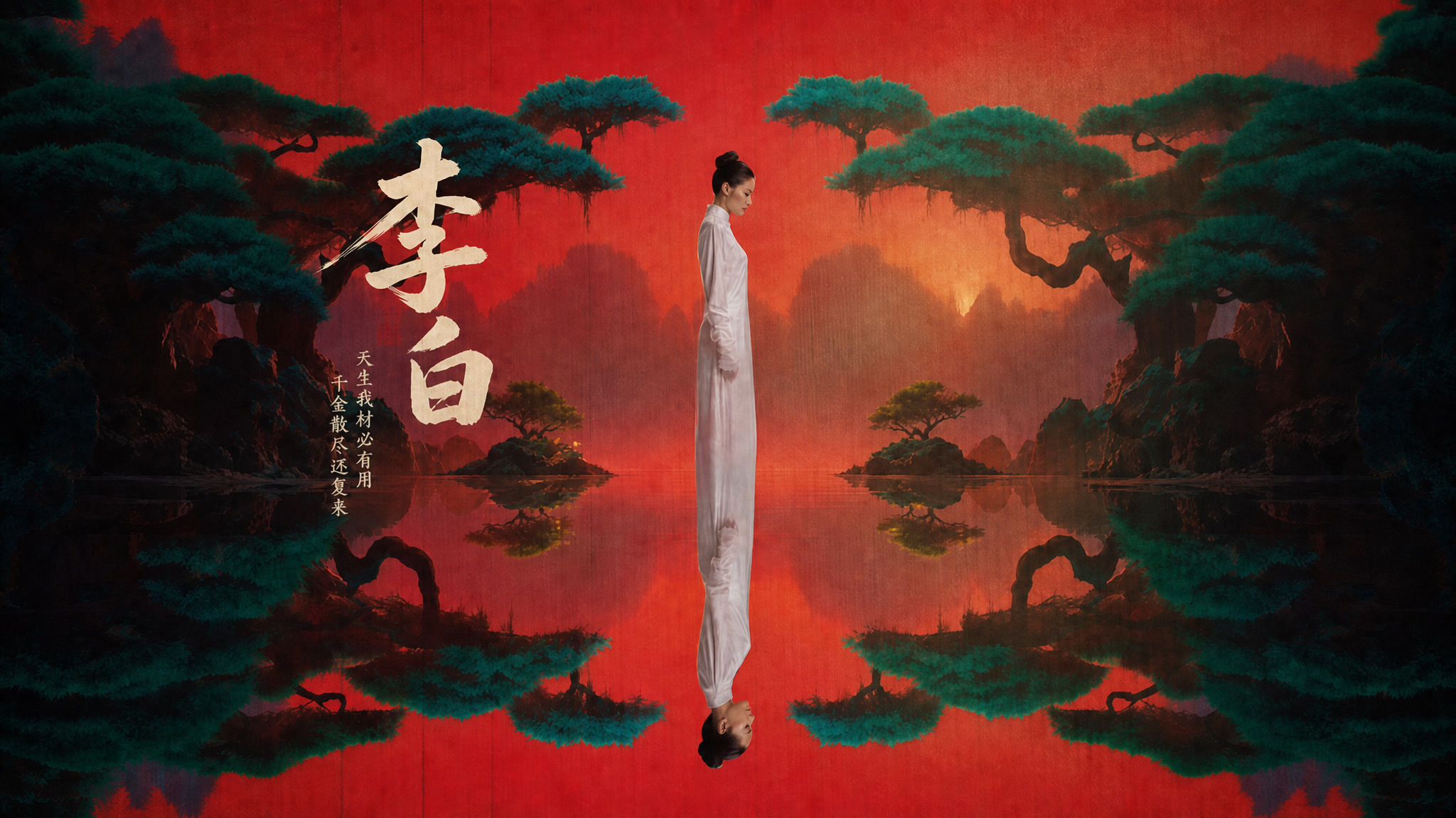 红色山水与松林之间，白衣人物倒影相对而立的 AI MV 海报