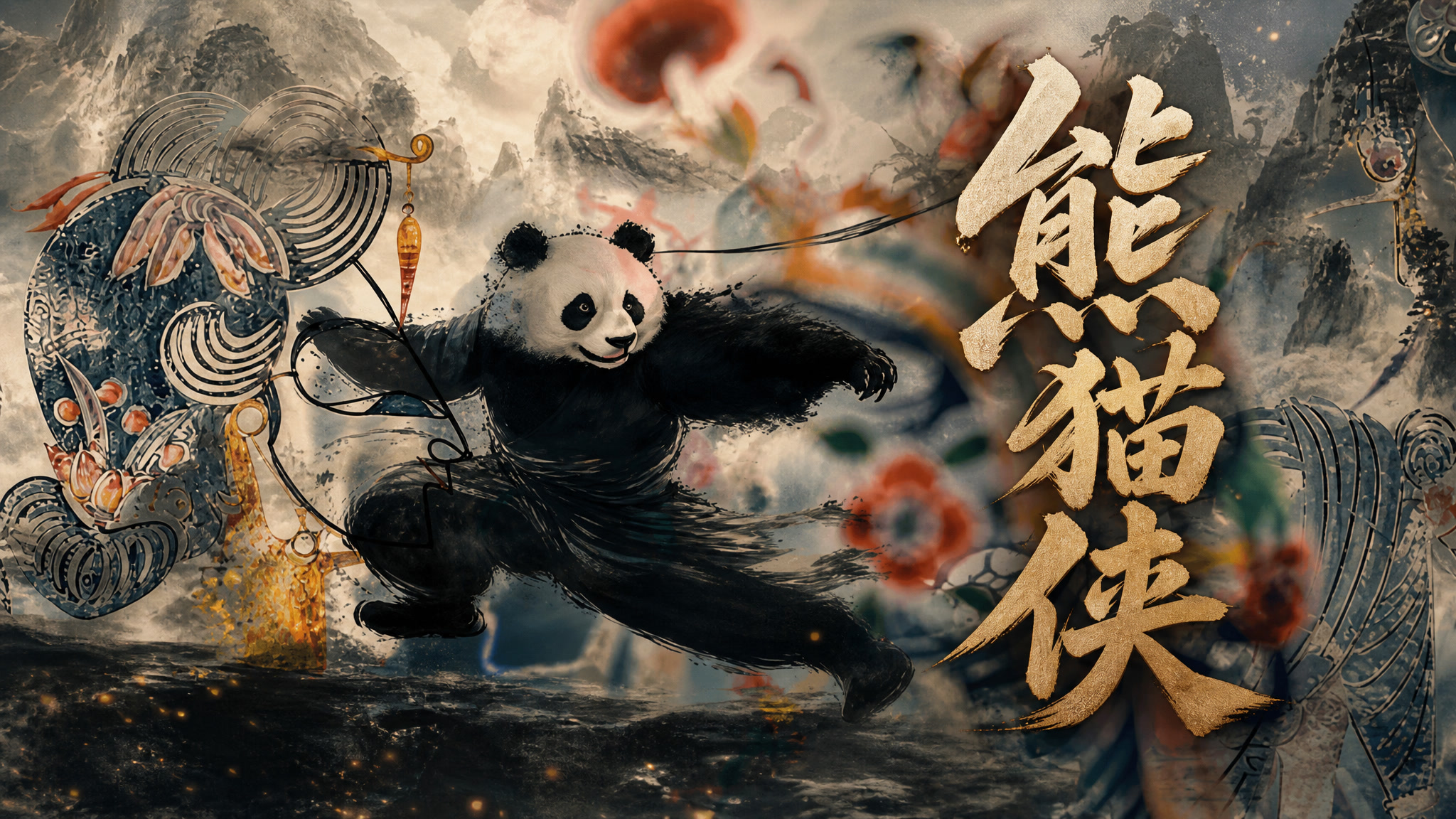 熊猫侠穿行在成都山水与传统纹样之间的作品海报