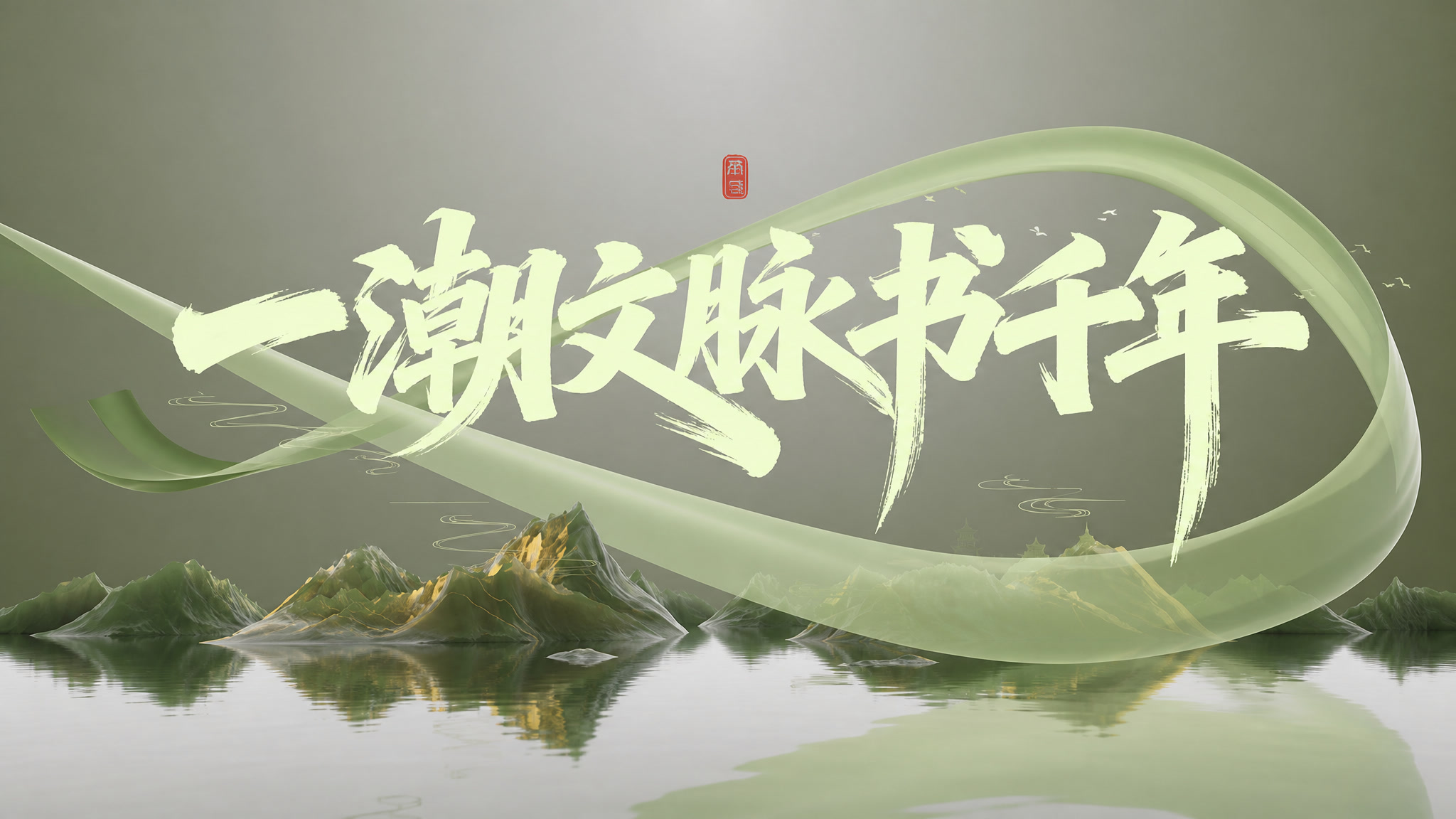 书法笔意化作青绿色丝带，环绕山水与水面倒影的文化短片海报