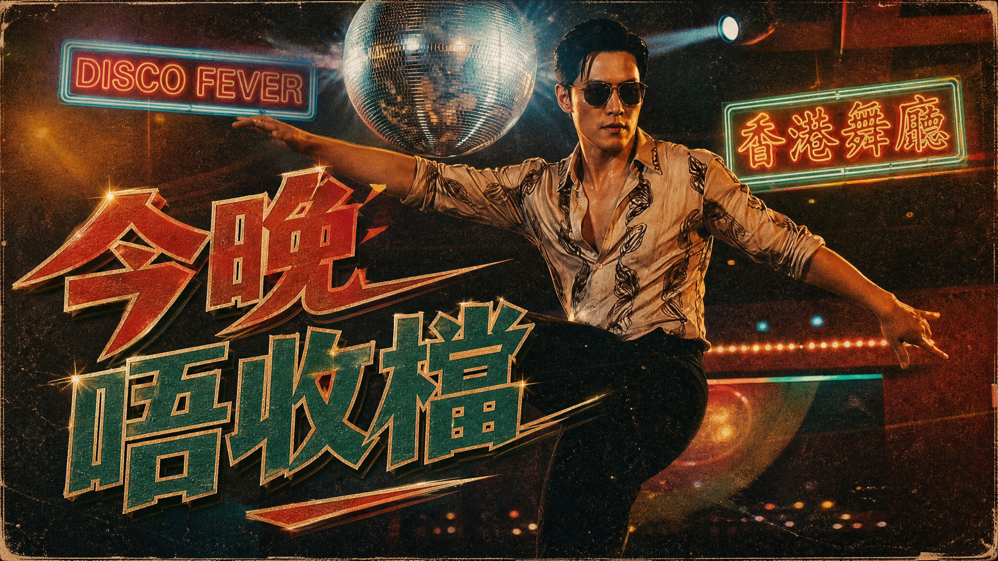 霓虹舞厅中，舞者在迪斯科球下起舞的 AI MV 海报