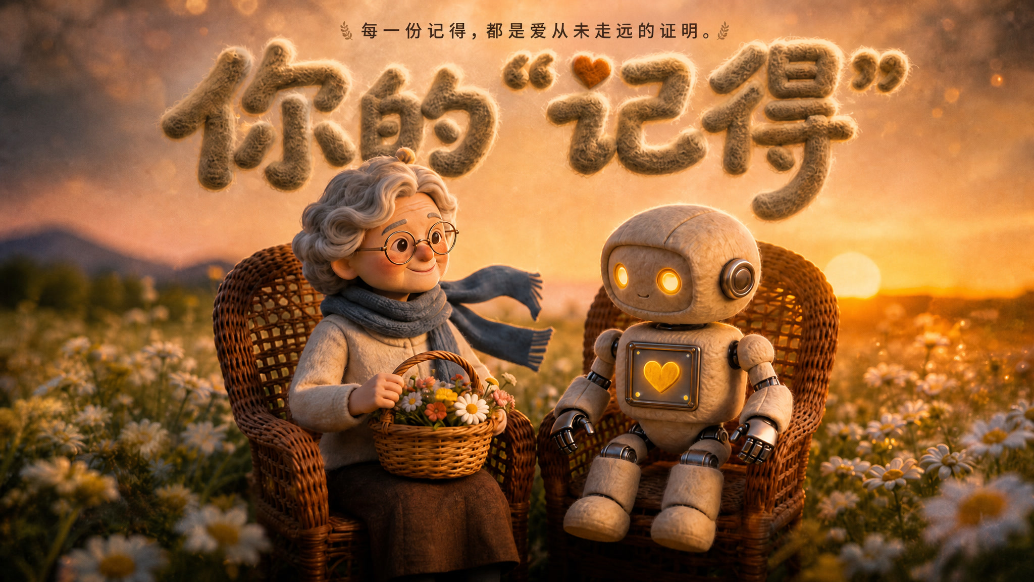 夕阳花田中，老人和陪伴机器人相对而坐的作品海报